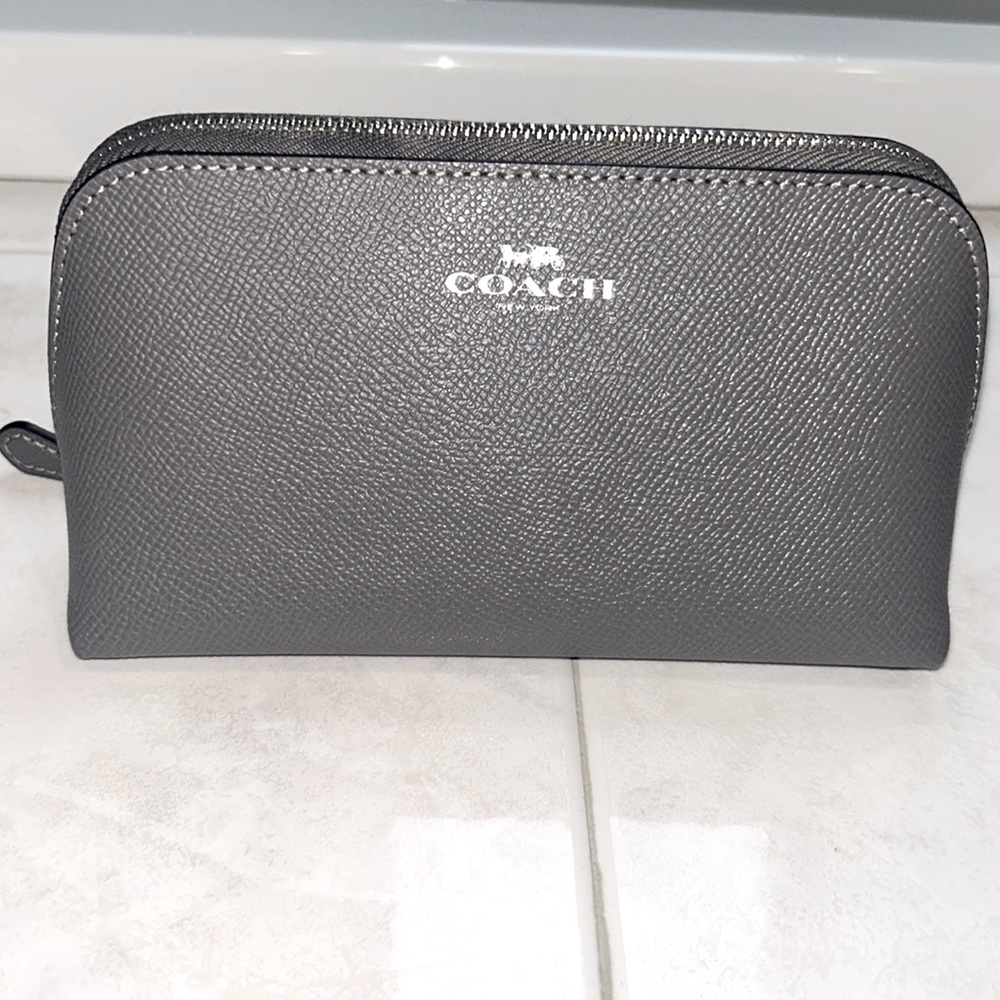 Coach Gray Leather Cosmetic Case with Silver Hardware